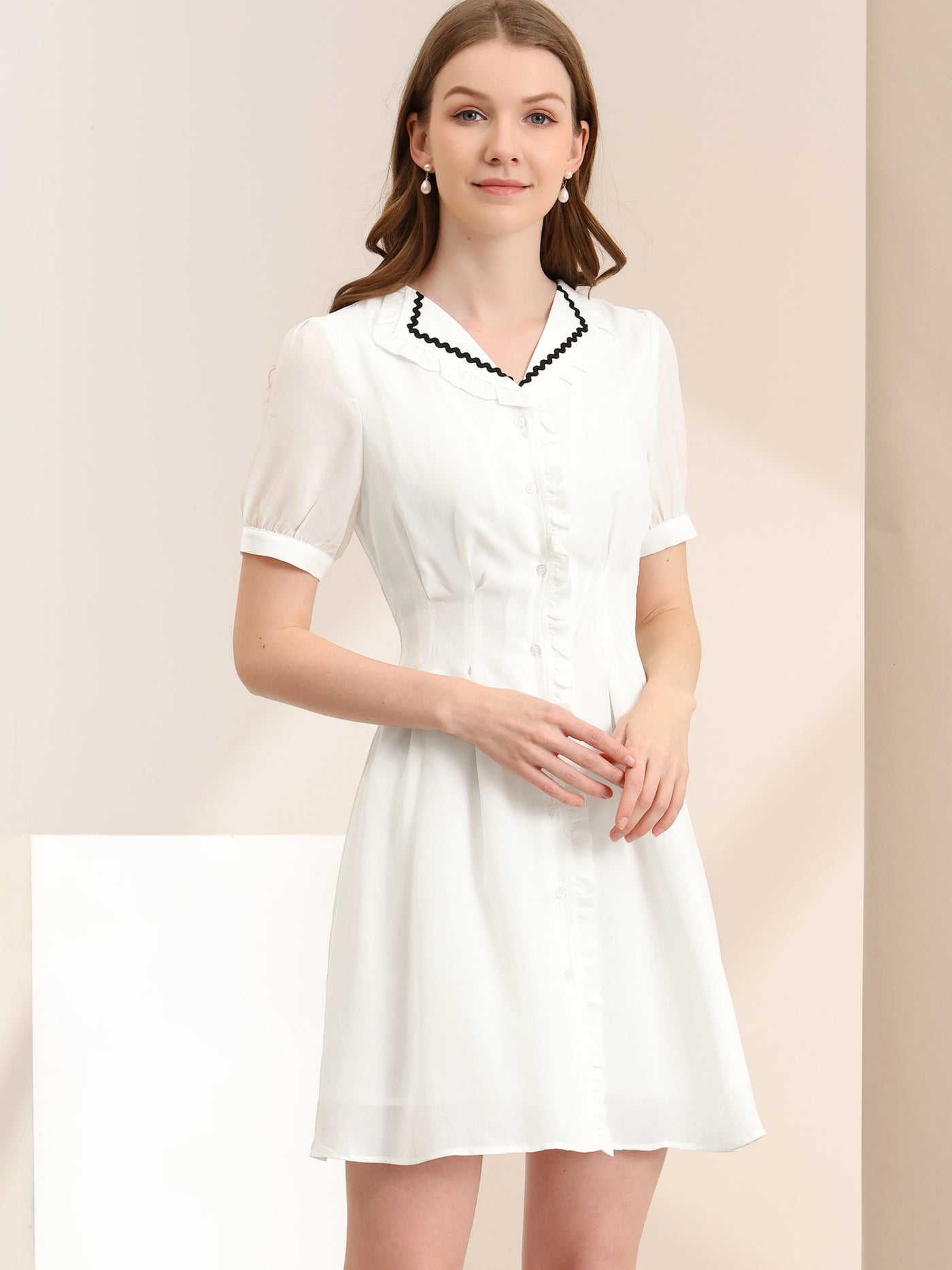 Allegra K Button Down Ruffle Collar Office Short Sleeve Work Shirt Dress
