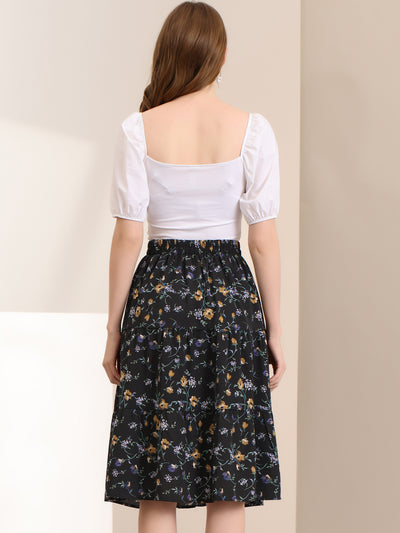 Floral Printed Elastic Waist A-Line Ruffle Hem Tiered Skirt
