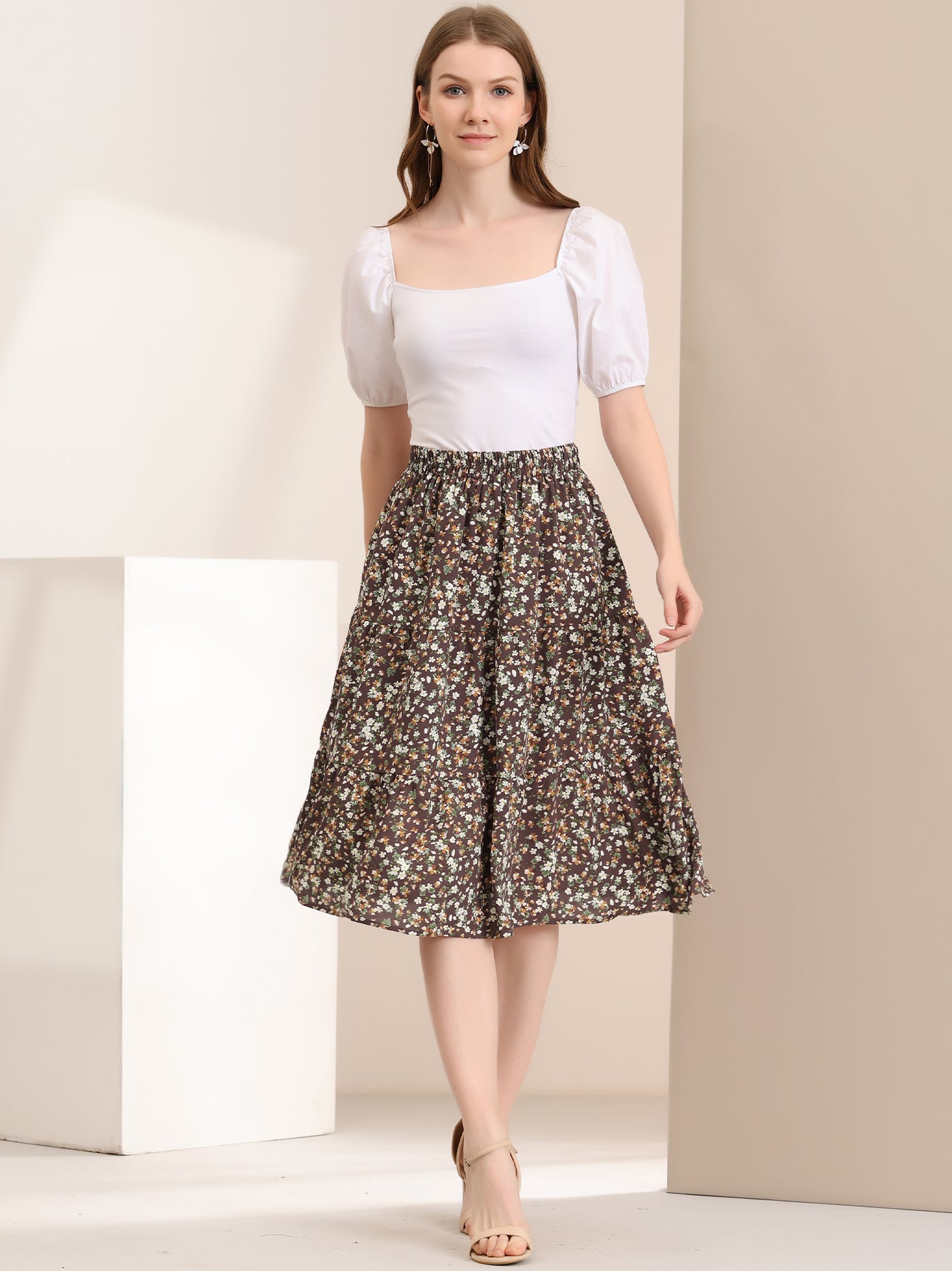 Allegra K Floral Printed Elastic Waist A-Line Ruffle Hem Tiered Skirt