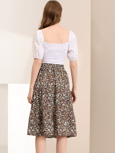 Floral Printed Elastic Waist A-Line Ruffle Hem Tiered Skirt