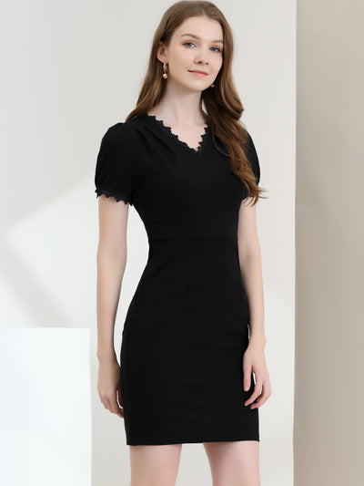 Allegra K Elegant V Neck Lace Trim Short Sleeve Stretch Bodycon Mini Dress