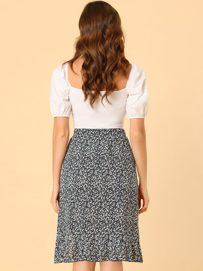 Ruched Side Asymmetrical Hem Knee Length Floral Skirt
