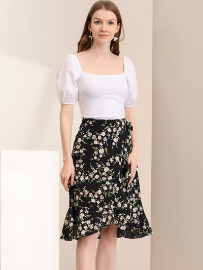 Floral Printed Self Tie Knot High-Low Ruffle Hem Wrap Skirt