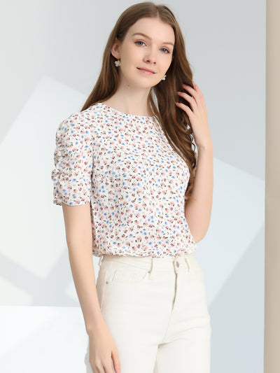 Floral Crew Neck Casual Shirred Short Sleeve Blouse