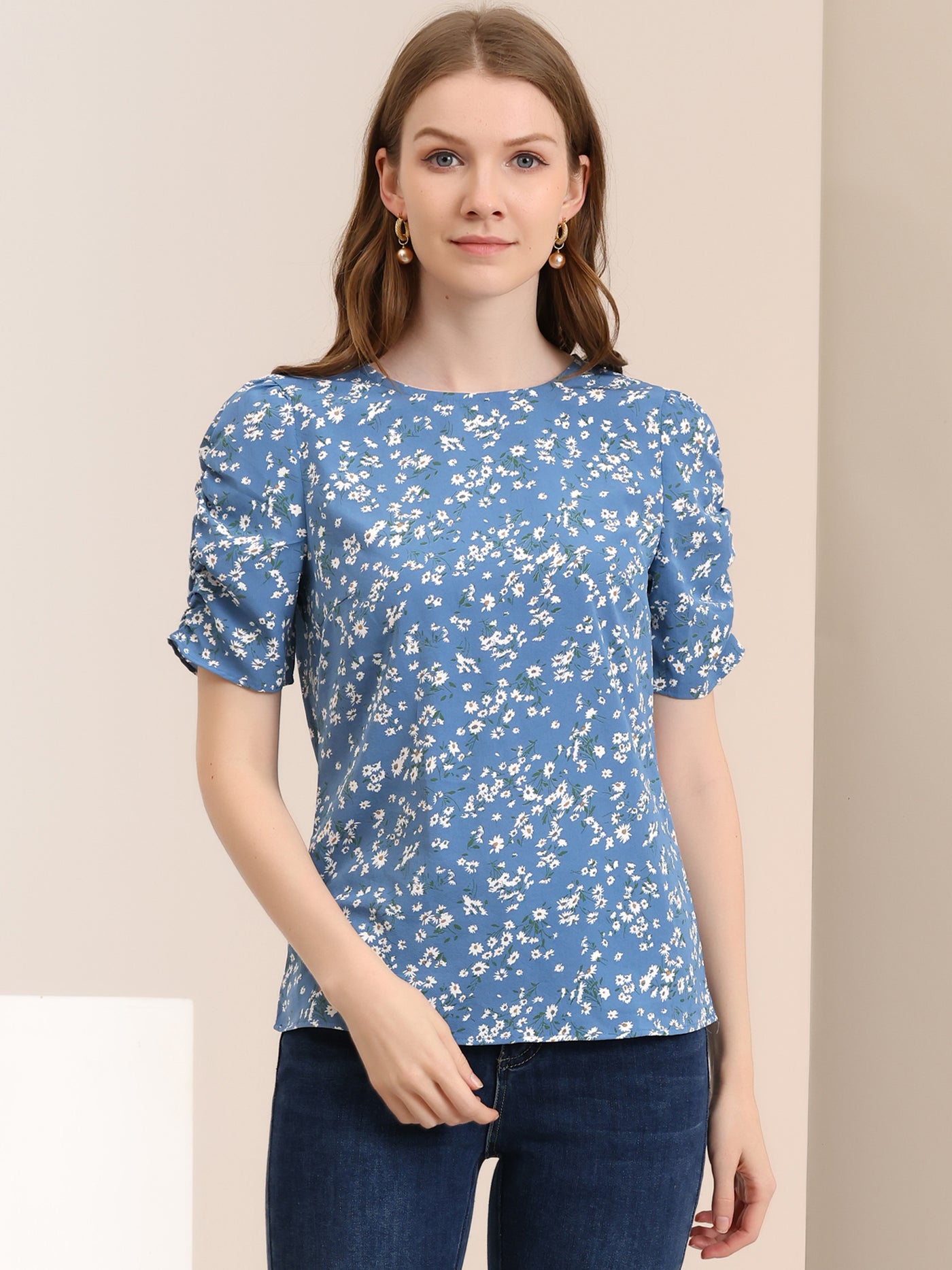Allegra K Floral Crew Neck Casual Shirred Short Sleeve Blouse
