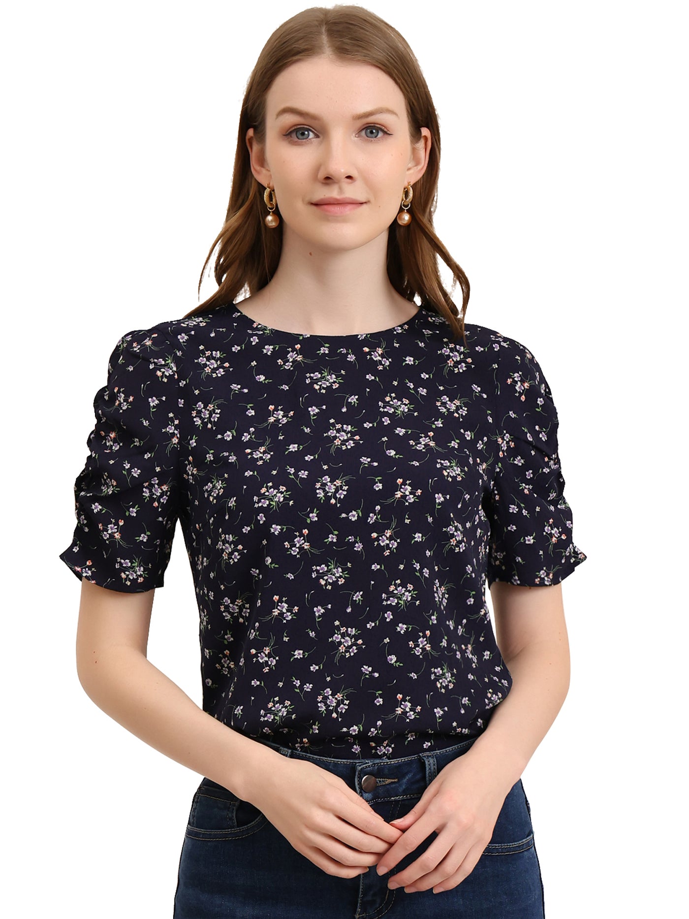 Allegra K Crew Neck Floral Casual Shirred Short Sleeve Blouse