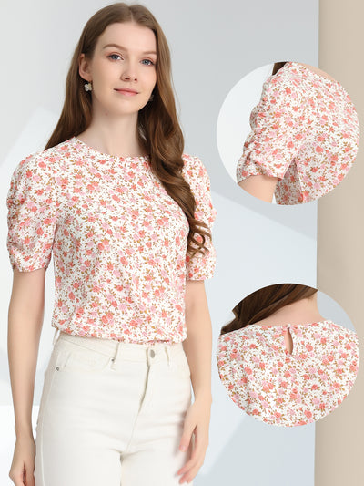 Floral Crew Neck Casual Shirred Short Sleeve Blouse