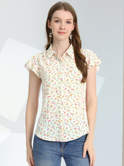 Summer Floral Collared Flare Short Sleeve Button Down Blouse