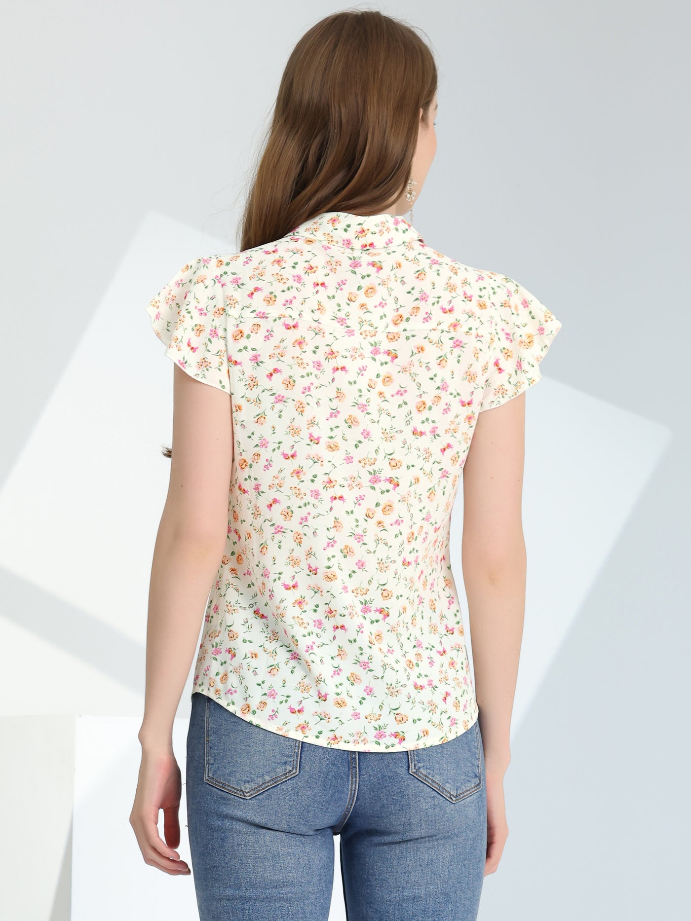 Allegra K Summer Floral Collared Flare Short Sleeve Button Down Blouse