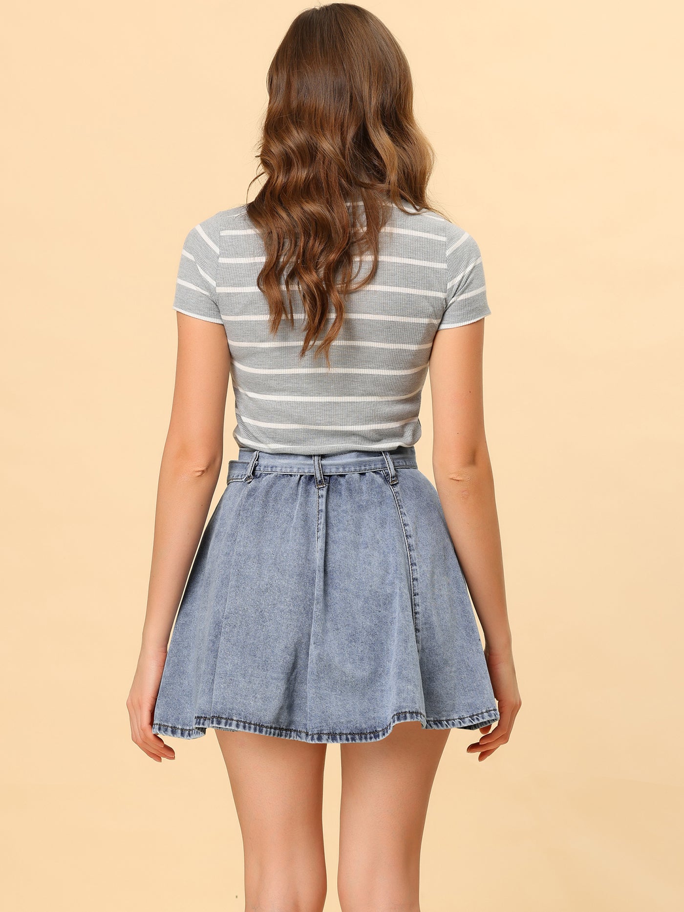 Allegra K Casual Denim Belt High Waist Flared Mini Jean Skirt