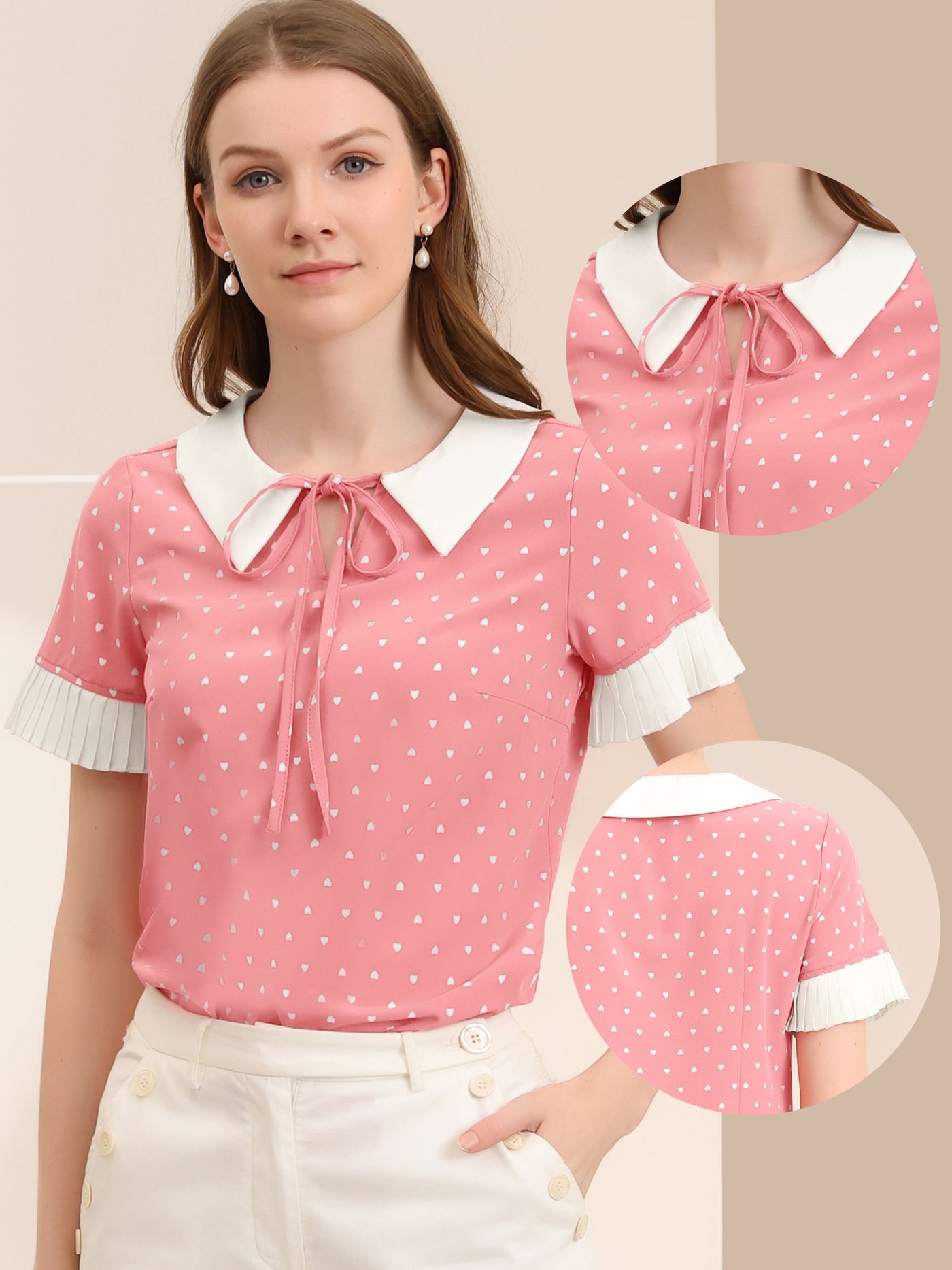 Allegra K Contrast Doll Collar Polka Dots Tops Short Sleeve Blouse