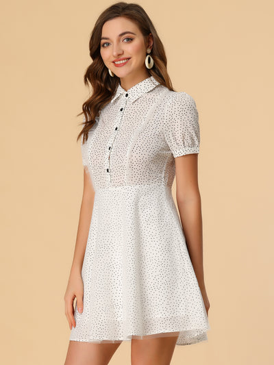 Polka Dot Puff Short Sleeve Half Placket Mesh A-Line Shirt Dress