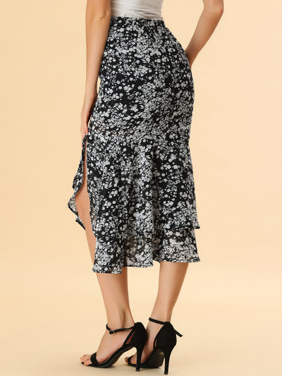 Floral Asymmetrical Ruffle Hem Split Layered Midi Skirt