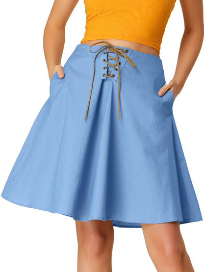 Jean Denim Skirt for Women's Lace Up Chambray Knee Length Skirts