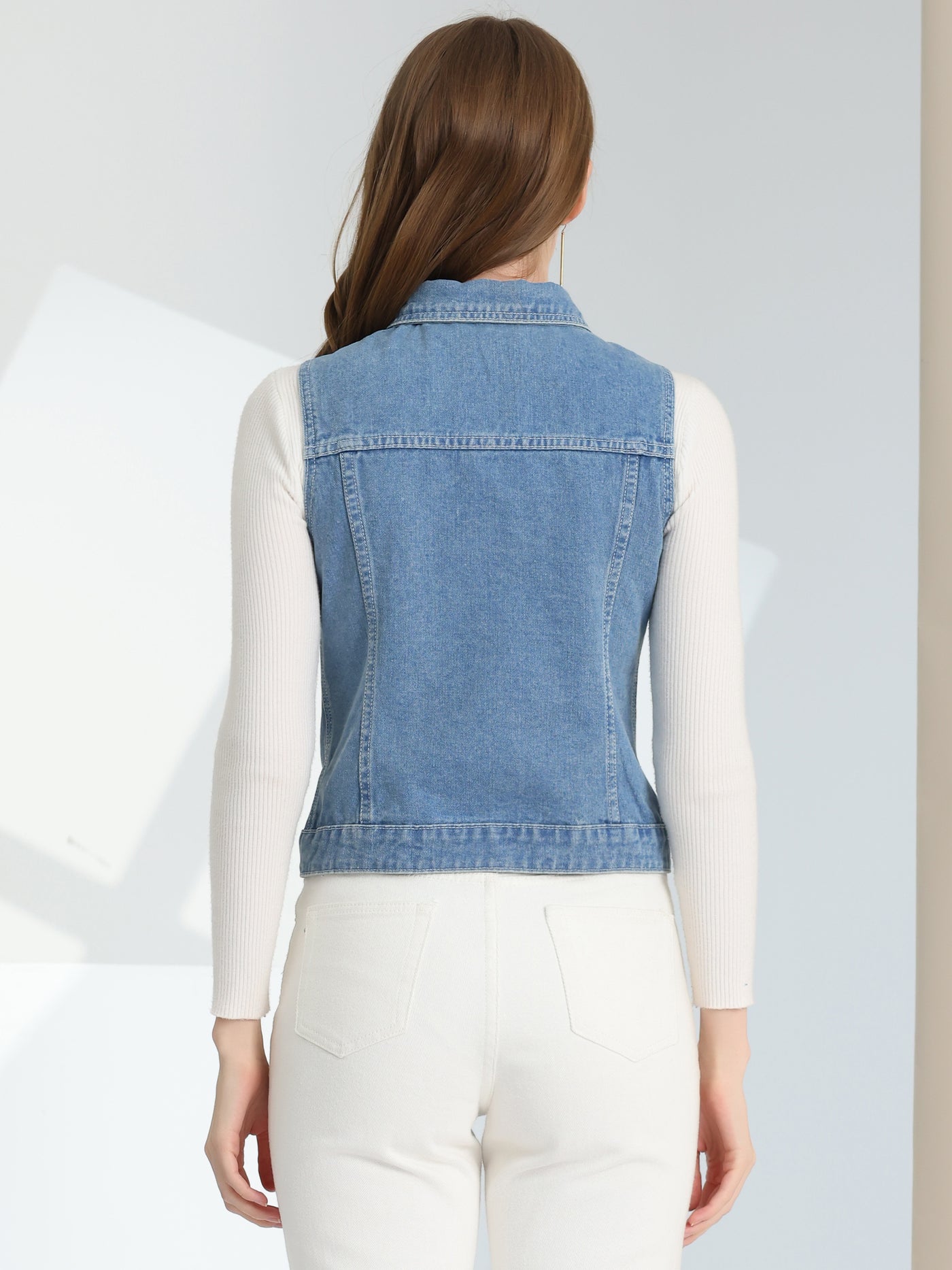 Allegra K Buttoned Chest Flap Pocket Washed Denim Jacket Vest