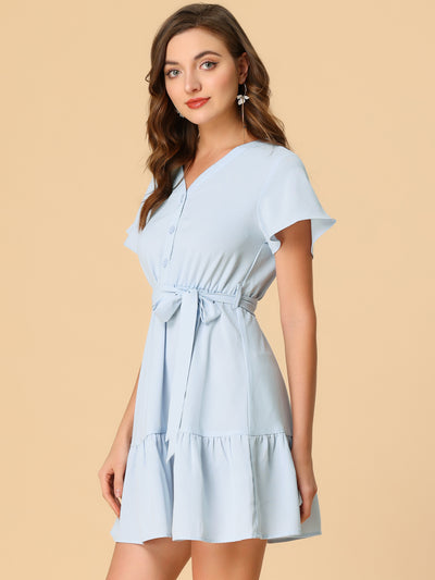 Allegra K Summer Ruffled V-Neck Short Sleeve Tiered Solid Mini Dress