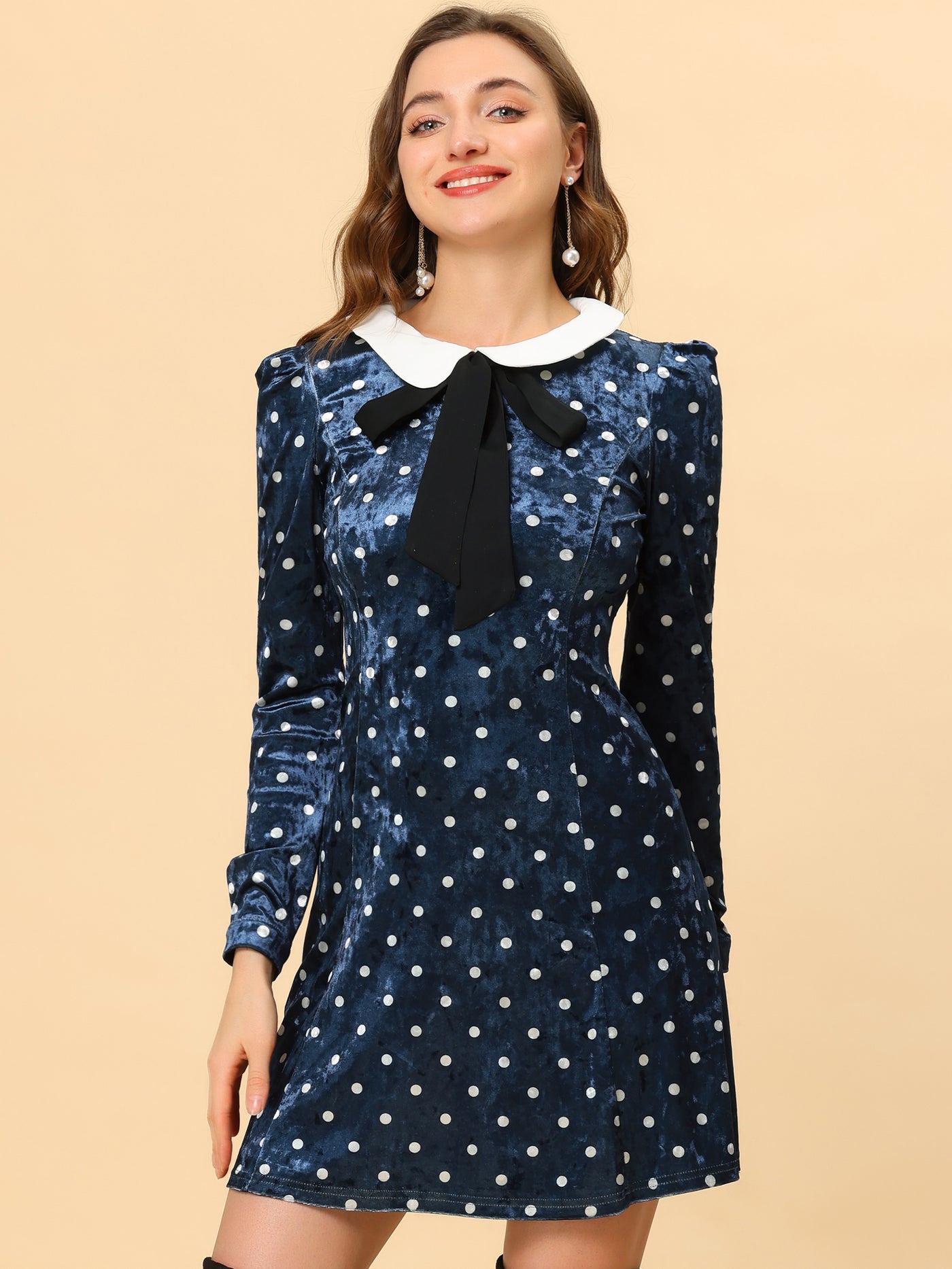 Allegra K Vintage Polka Dot A-line Peter Pan Collar Cute Velvet Dress