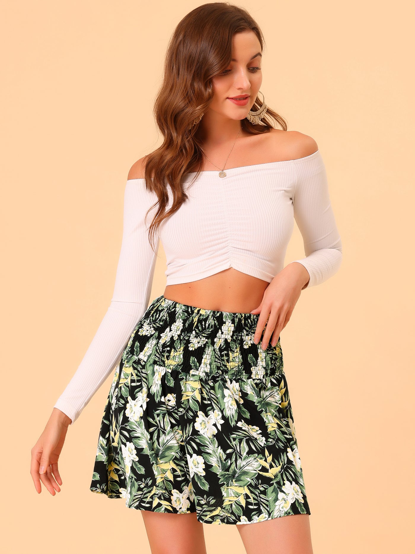 Allegra K Floral Skirt for Women's Smocked Waist Summer Hawaiian Tropical Mini Skirt