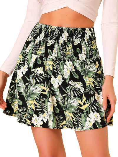 Floral Skirt for Women's Smocked Waist Summer Hawaiian Tropical Mini Skirt