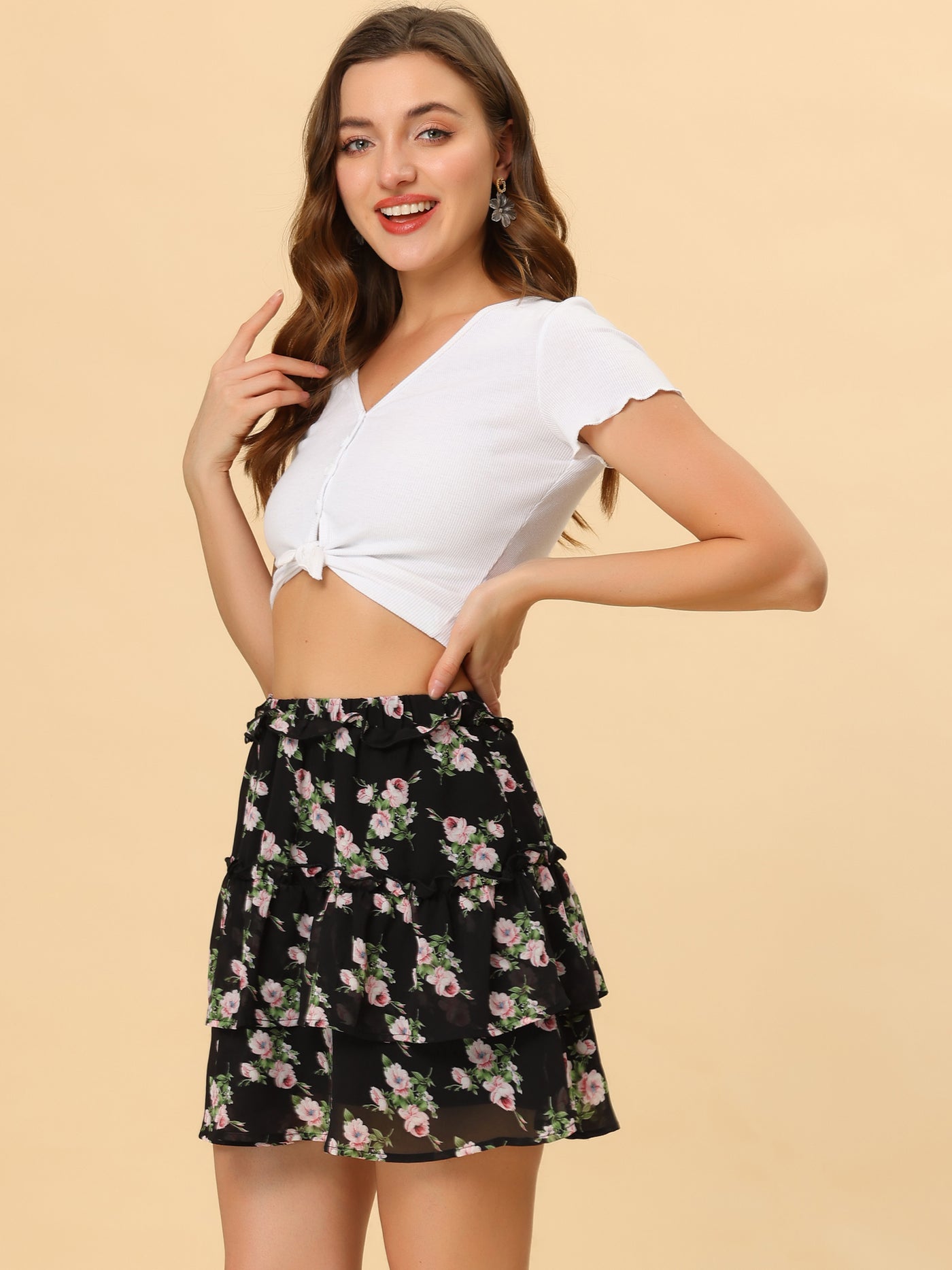 Allegra K Layered Ruffle Hem Elastic Waist A-Line Skater Floral Mini Skirt