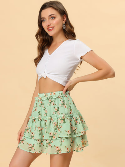 Layered Ruffle Hem Elastic Waist A-Line Skater Floral Mini Skirt