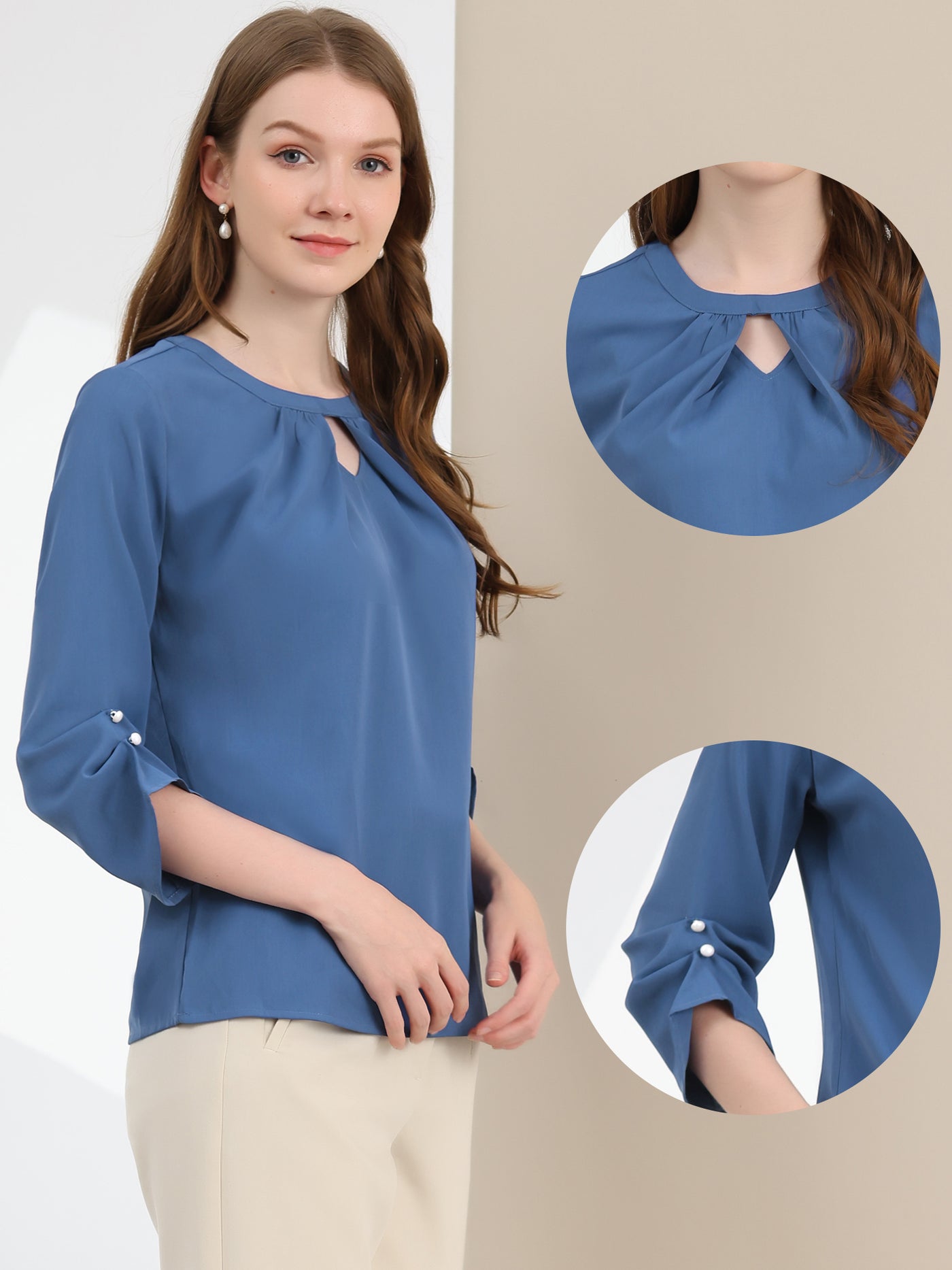 Allegra K Office Keyhole Pleated Front Ruched 3/4 Sleeve Chiffon Blouse