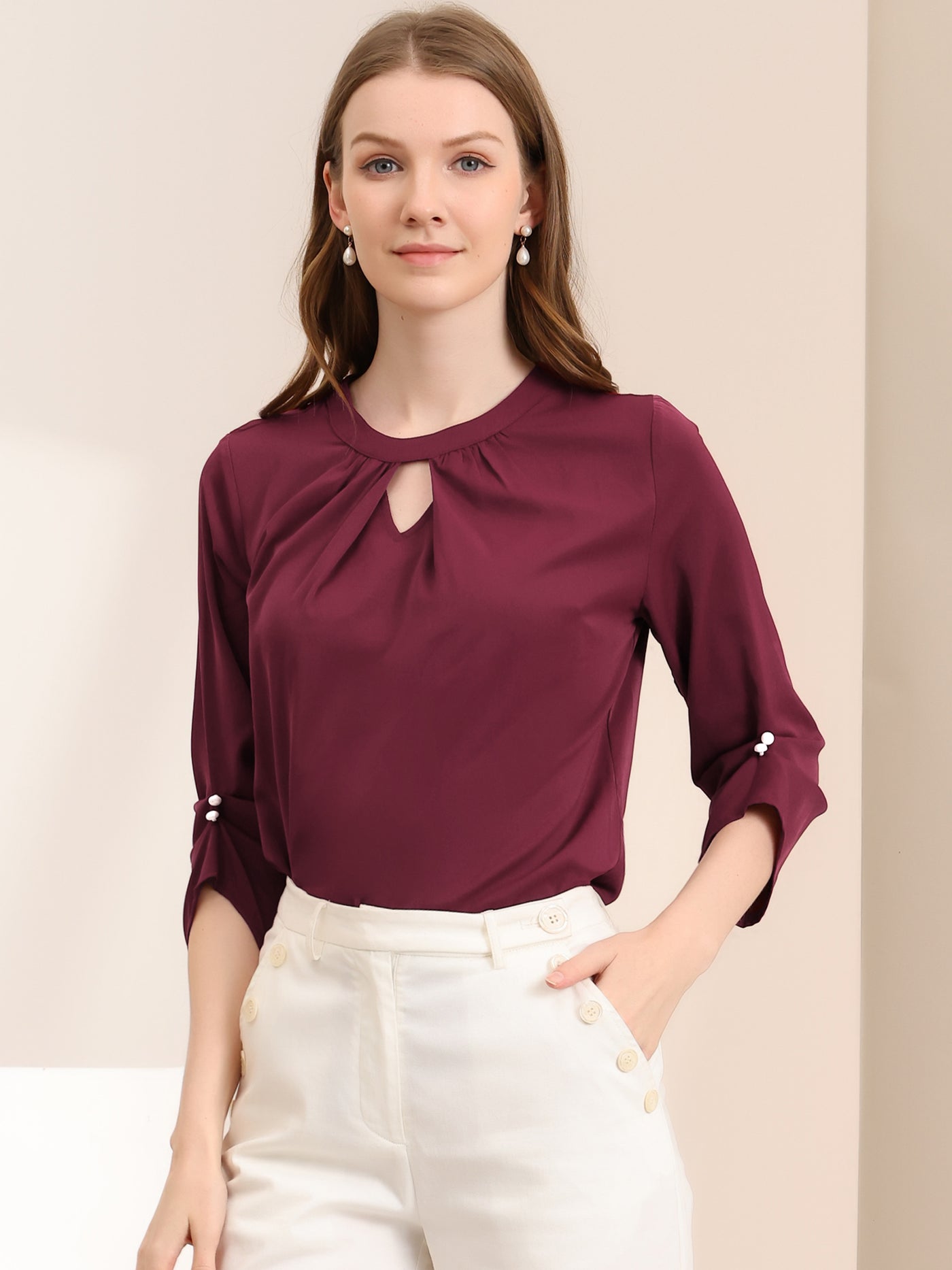 Allegra K Office Keyhole Pleated Front Ruched 3/4 Sleeve Chiffon Blouse