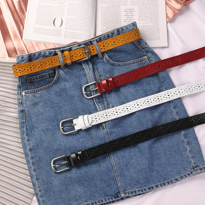 Unisex Retro Floral Hollow Belts Pin Buckle Faux Leather Belts for Jeans Pants