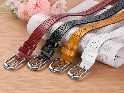 Unisex Retro Floral Hollow Belts Pin Buckle Faux Leather Belts for Jeans Pants