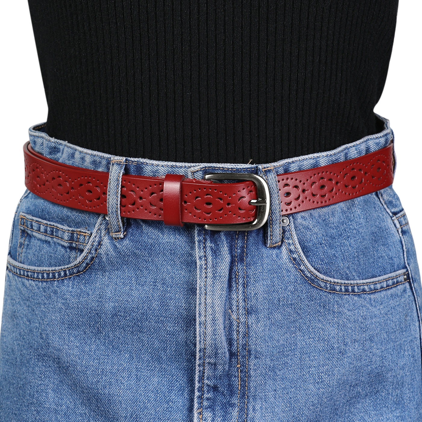 Allegra K Unisex Retro Floral Hollow Belts Pin Buckle Faux Leather Belts for Jeans Pants