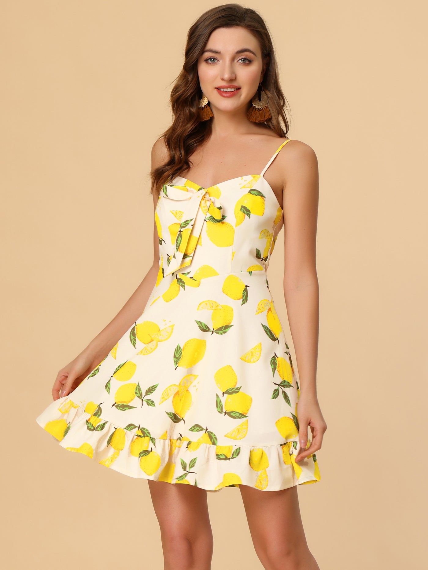 Allegra K Ruffle Bow Knot Mini Sundress Lemon Spaghetti Strap Dress