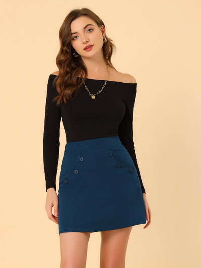 Allegra K High Waist Work Button Decor Elastic A Line Mini Skirt