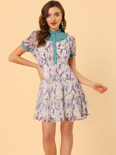 Floral Stand Collar Puff Sleeve Ruffle Tiered Short Dress
