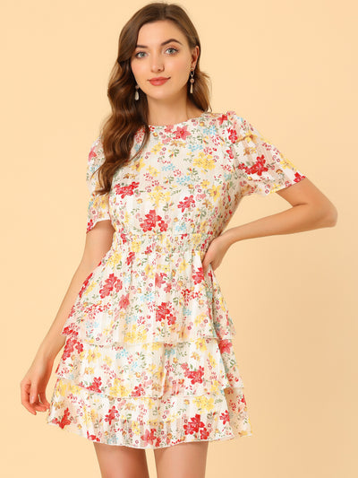 Layered Chiffon Shirred Floral Dress