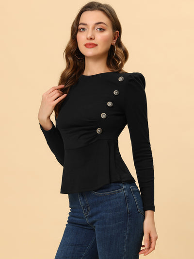 Round Neck Ruched Button Decor Puff Long Sleeve Peplum Top