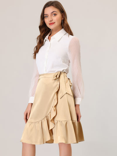 Ruffle Satin High Waist Tie Wrap Asymmetrical Midi Skirt