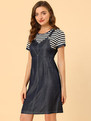Round Neck Stripe Tops Short Sleeve Suspender Stitching Dress