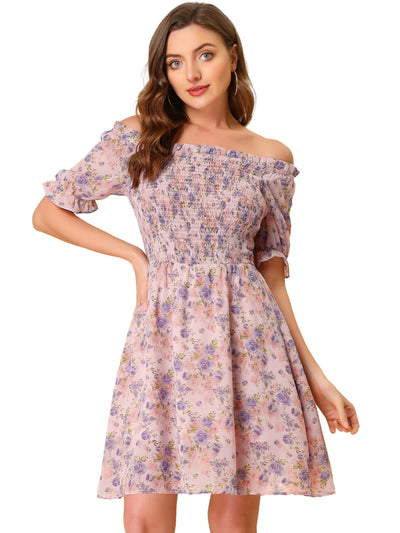 Allegra K Summer Square Neck Off Shoulder A-Line Smocked Chiffon Floral Dress