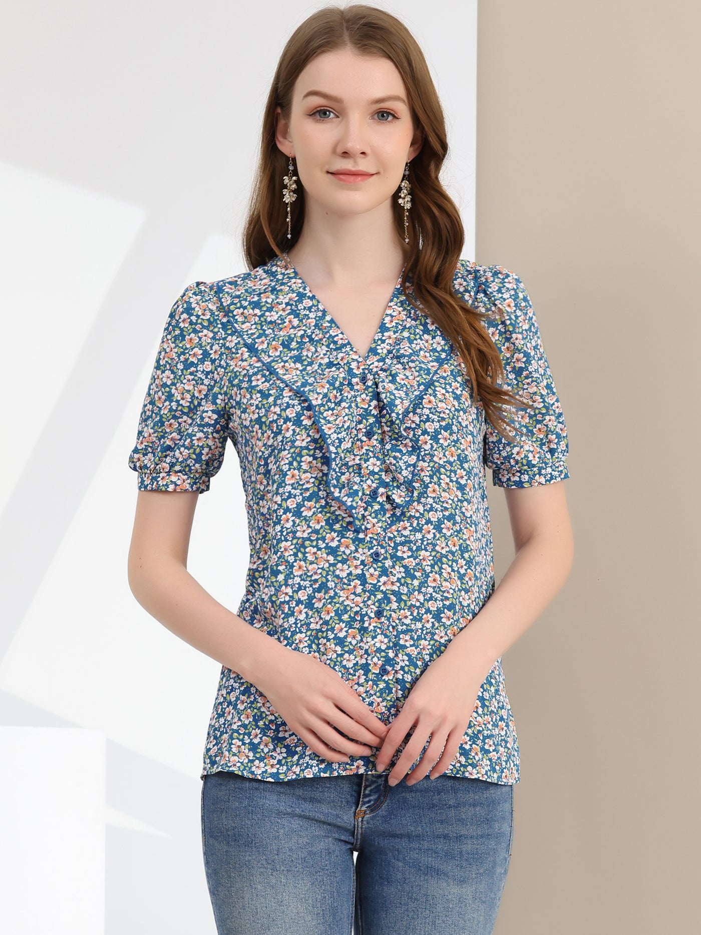 Allegra K Summer Short Sleeve V Neck Ruffle Floral Button Down Shirt Top