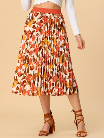 Pleated Midi Floral A-Line Elastic High Waist Summer Skirt