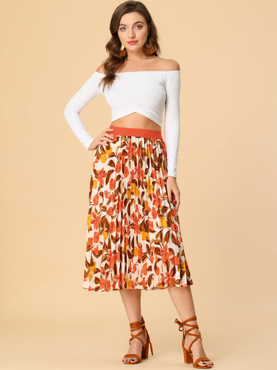 Pleated Midi Floral A-Line Elastic High Waist Summer Skirt
