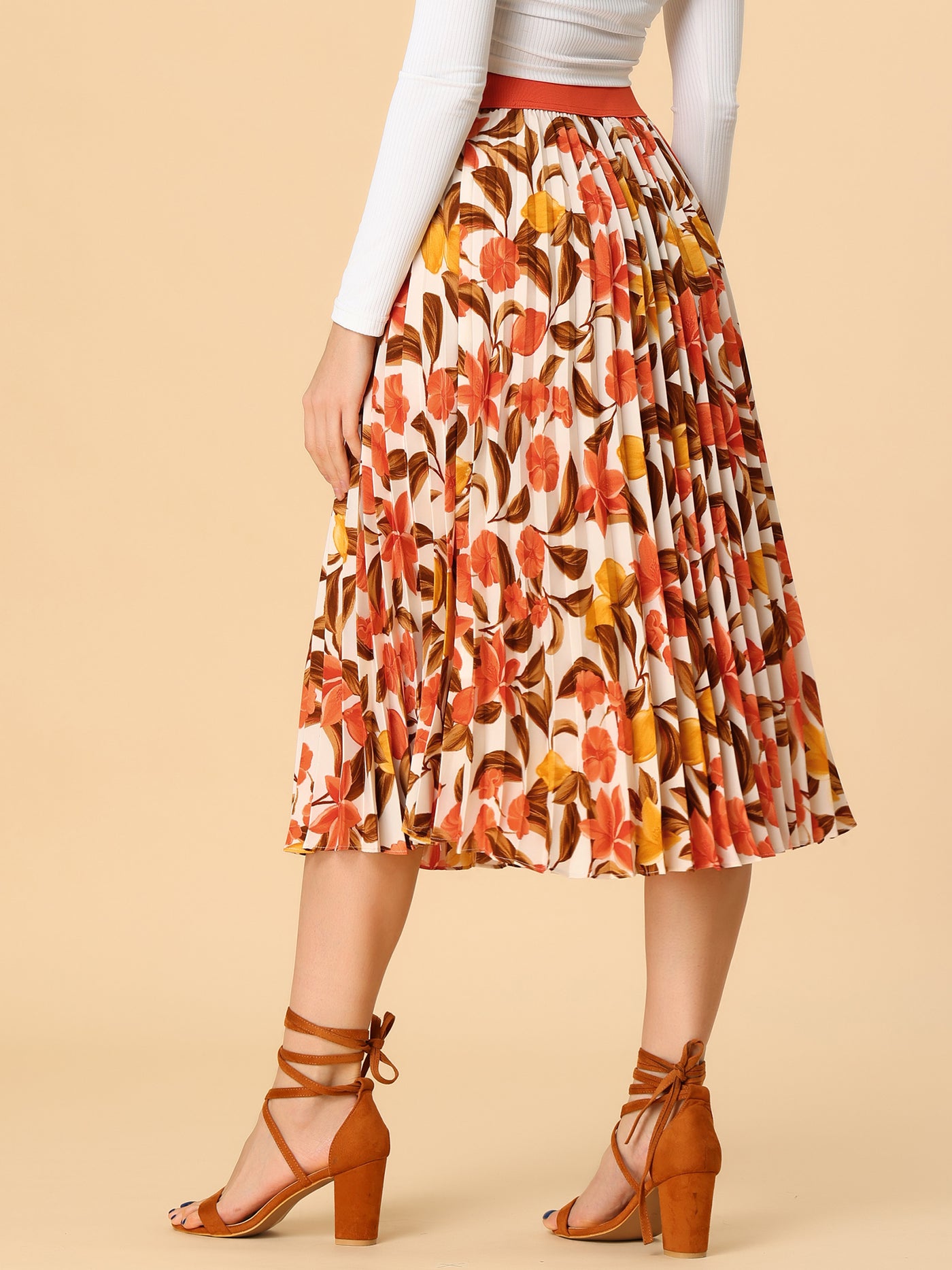 Allegra K Pleated Midi Floral A-Line Elastic High Waist Summer Skirt