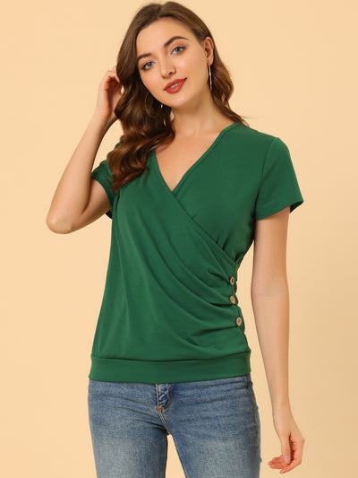 Wrap V Neck Short Sleeve Button Decor Ruched Top