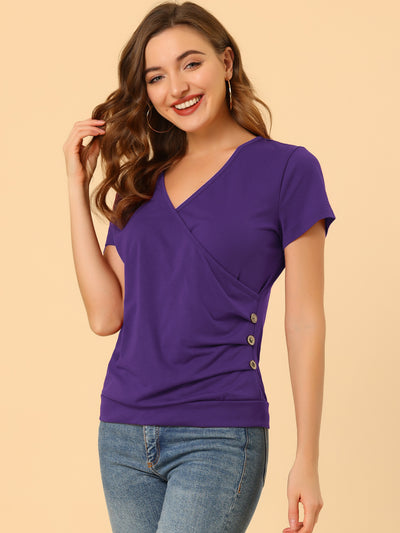 Wrap V Neck Short Sleeve Button Decor Ruched Top