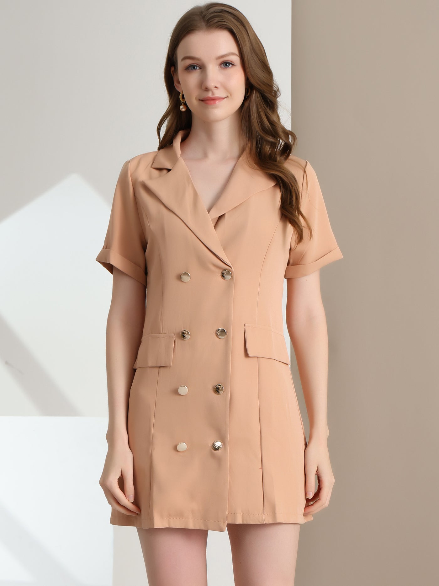 Allegra K Notched Lapel Double Breasted Casual Work Office Belted Blazer Dress
