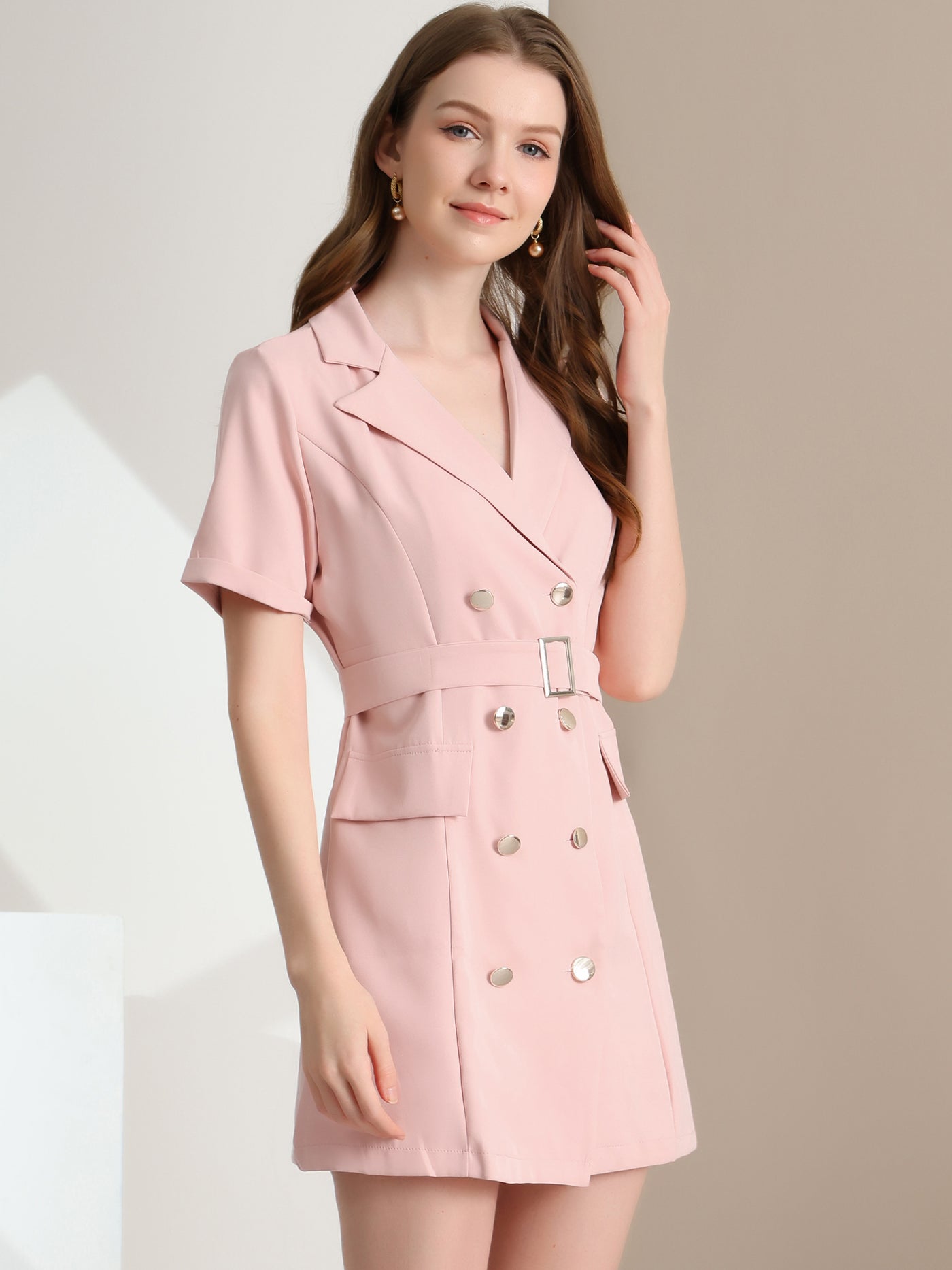 Allegra K Notched Lapel Double Breasted Casual Work Office Belted Blazer Dress