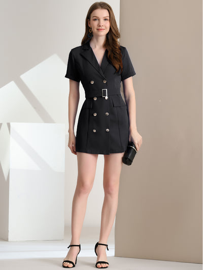 Notched Lapel Double Breasted Casual Work Office Belted Blazer Dress