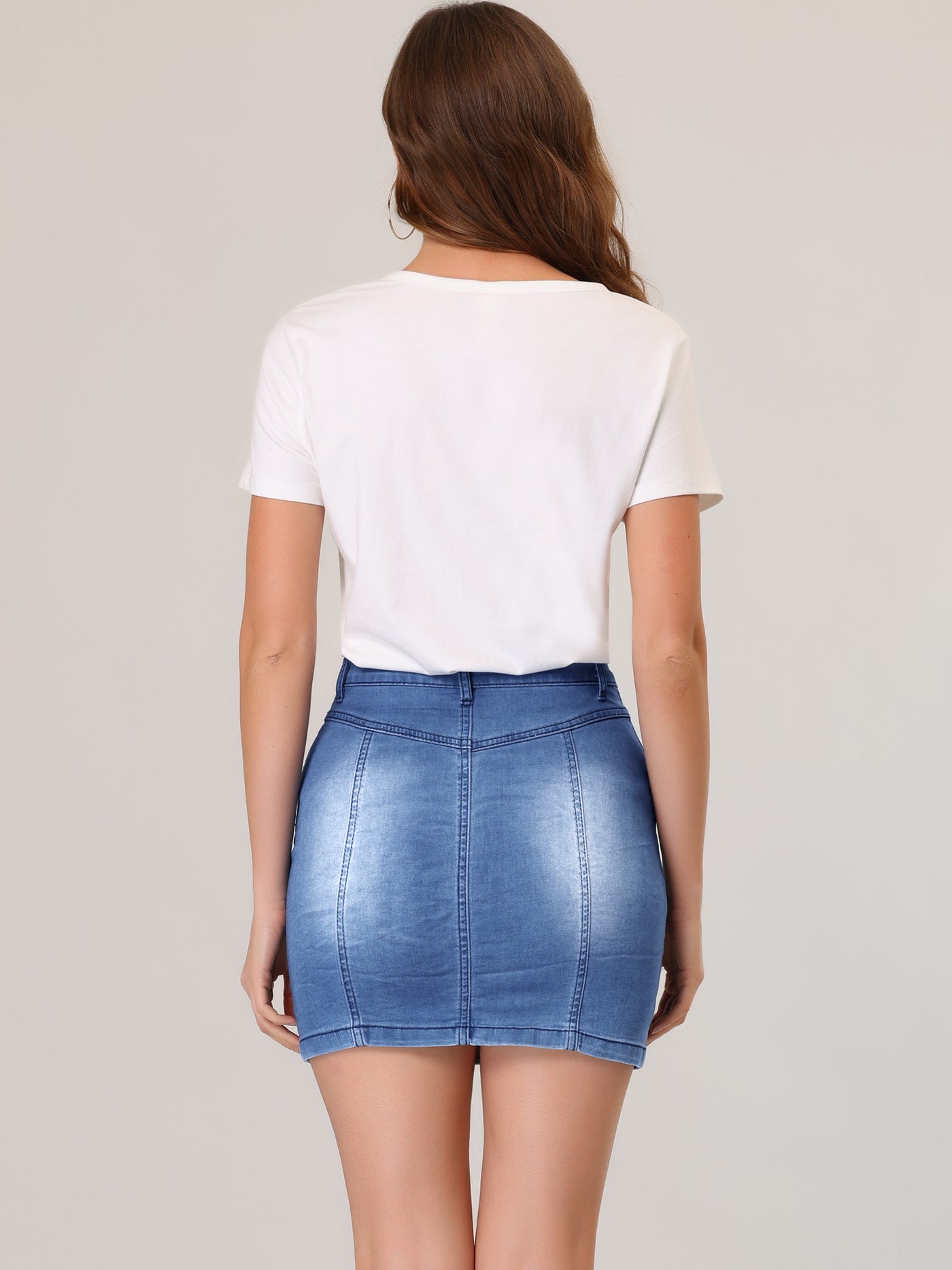 Allegra K Zip Front Denim Stretch Washed Slim Fit High Waist Mini Skirt