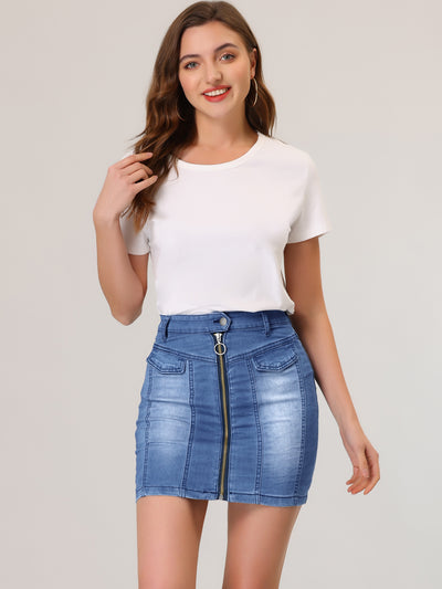 Zip Front Denim Stretch Washed Slim Fit High Waist Mini Skirt