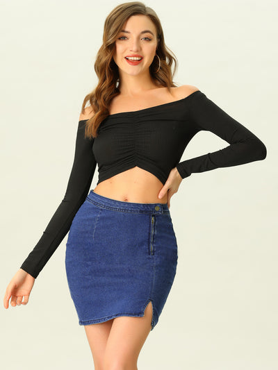 Allegra K Denim Split Hem Side Zipper High Waist Jean Mini Skirt